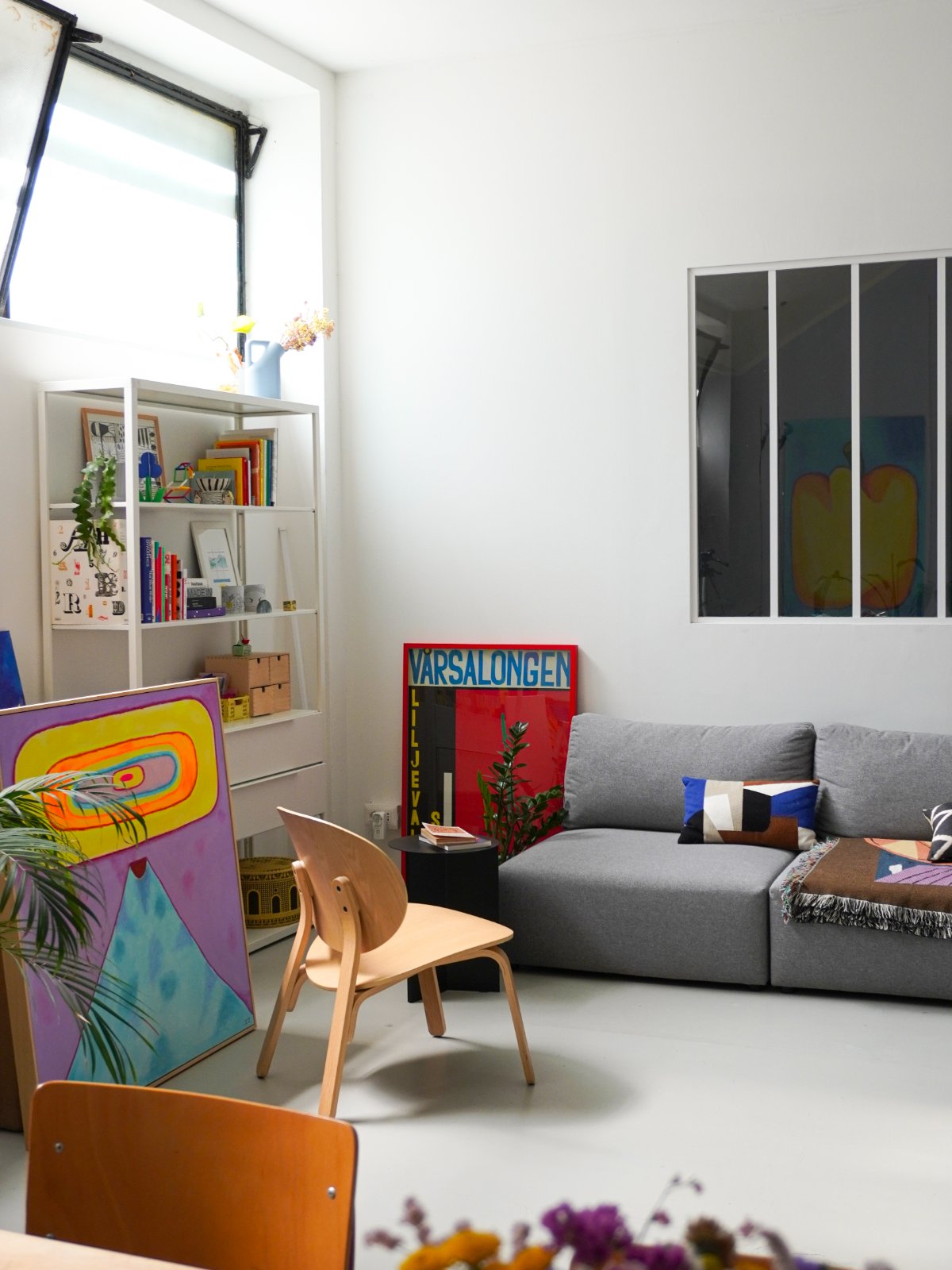 Reading corner with sofa and bookshelf